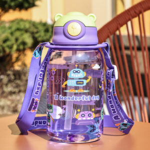 Kids water bottle 650ml with straw and strap leak proof