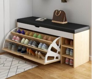 Bucket flip shoe cabinet with seat and 3 layer shoe storage