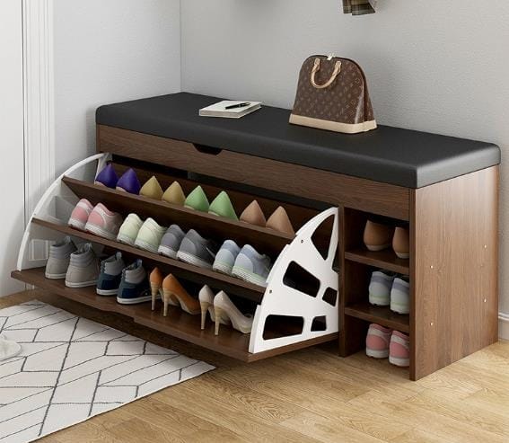 MODERN BUCKET FLIP SHOE CABINET WITH SEAT CHANGING STOOL BENCH sale brown Bucket flip shoe cabinet with cushioned seat and 3 layer shoe storage