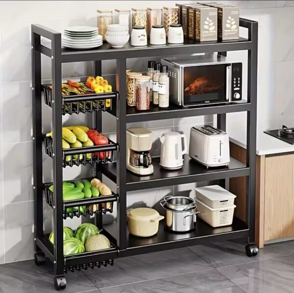 Strong metallic kitchen rack with wheels black versatile organizer