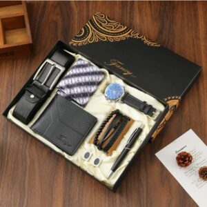 4 Executive 8-in-1 Men Gift Set – Watch, Wallet, Belt, Tie, Bracelets, Pen & Cufflinks Luxury Gift Box