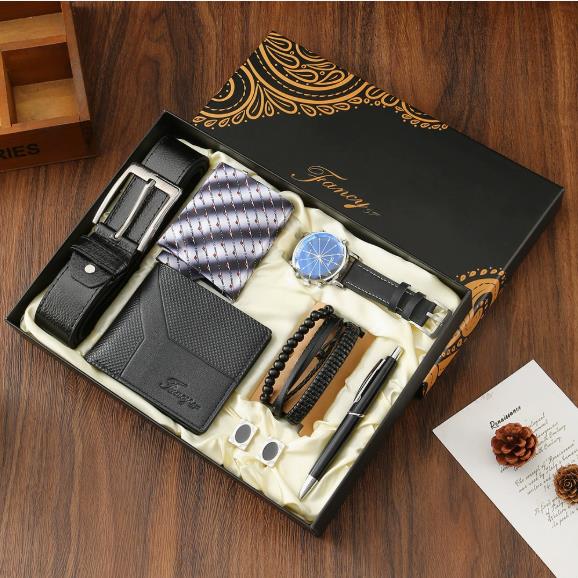 4 Executive 8-in-1 Men Gift Set – Watch, Wallet, Belt, Tie, Bracelets, Pen & Cufflinks Luxury Gift Box