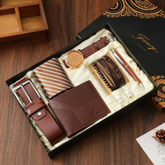 4`1 Executive 8-in-1 Men Gift Set – Watch, Wallet, Belt, Tie, Bracelets, Pen & Cufflinks Luxury Gift Box