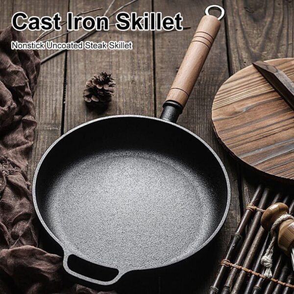 8`1 Thickened Cast Iron Frying Pan with Bamboo Lid – Heavy Duty Non-Stick Pan for Frying, Chapati & Everyday Cooking
